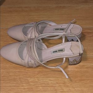 Gorgeous miu miu nude block heels with rhinestone